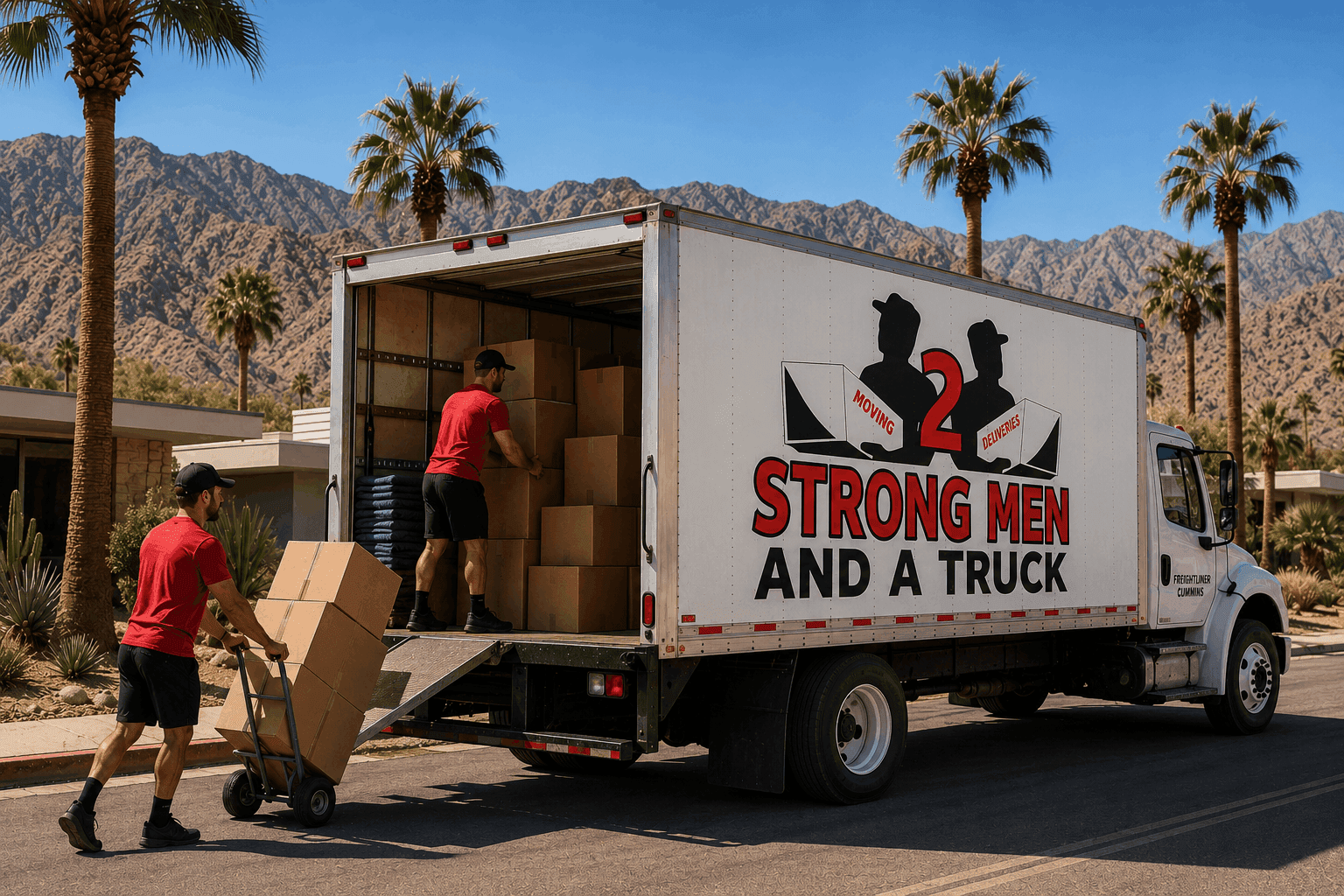 The 2 Strong Men and a Truck crew loading the 26-foot box truck in the desert