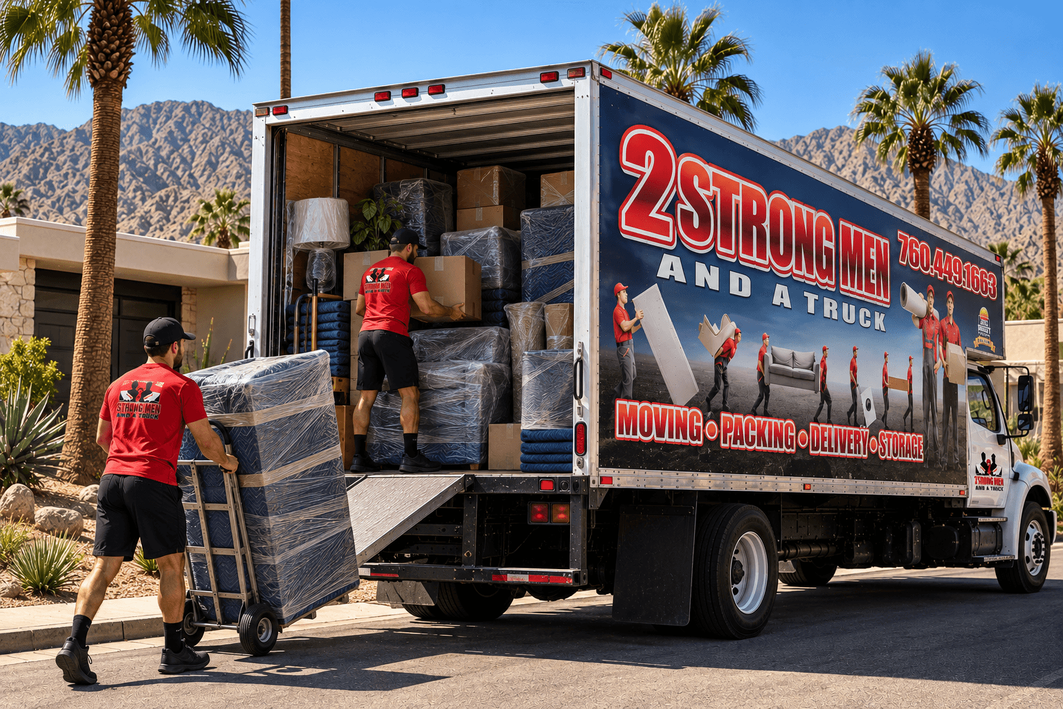 Two 2 Strong Men and a Truck movers unloading a wrapped mattress and boxes from the 26-foot box truck outside a desert home